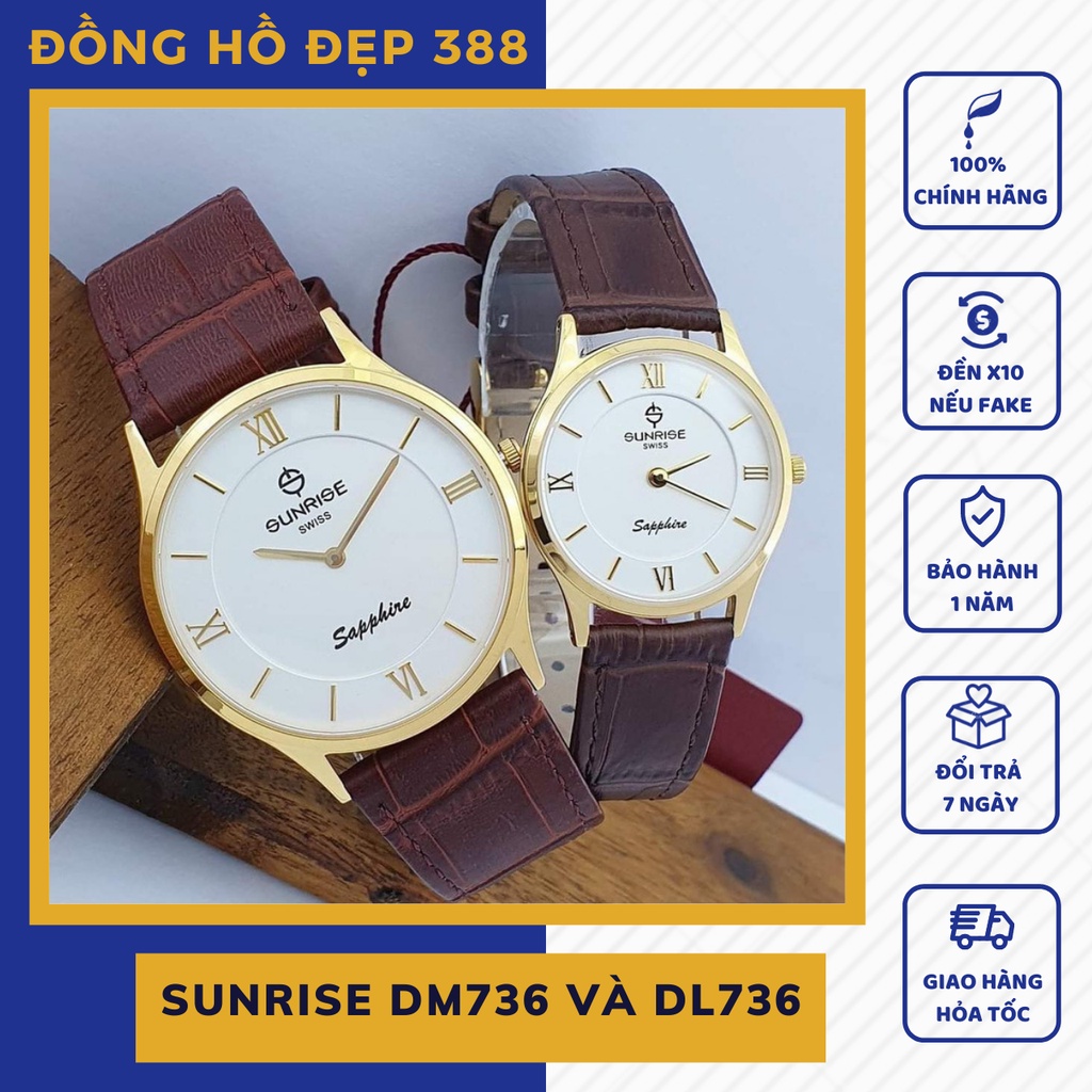 Đồng hồ nam nữ, đồng hồ cặp đôi dây da chính hãng Sunrise DM736 và DL736 kính sapphire chống xước, chống nước