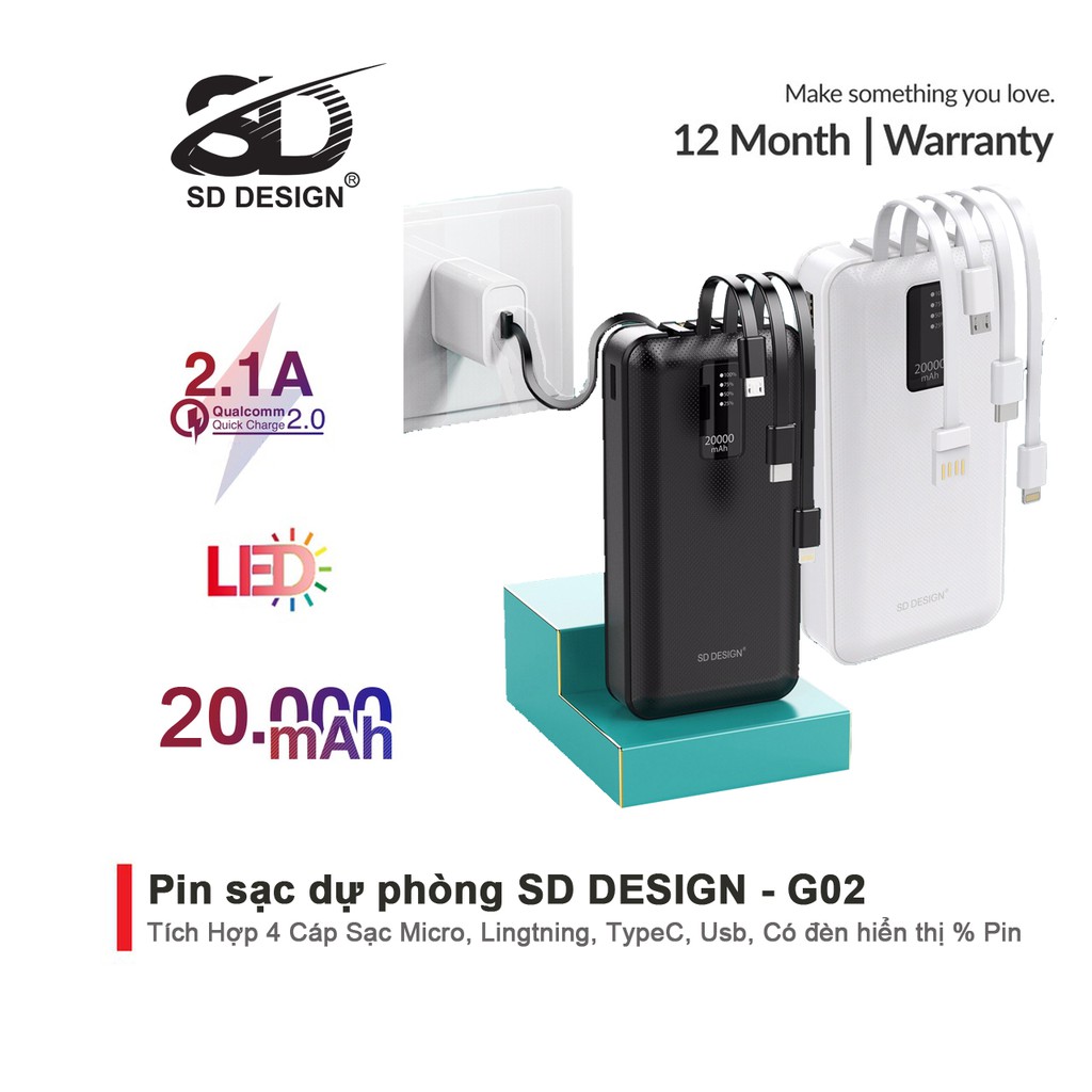 Sạc dự phòng chính hãng SD DESIGN G02 dung lượng 20.000 mAh với đầy đủ chân sạc cho iphone, samsung, xiaomi,...