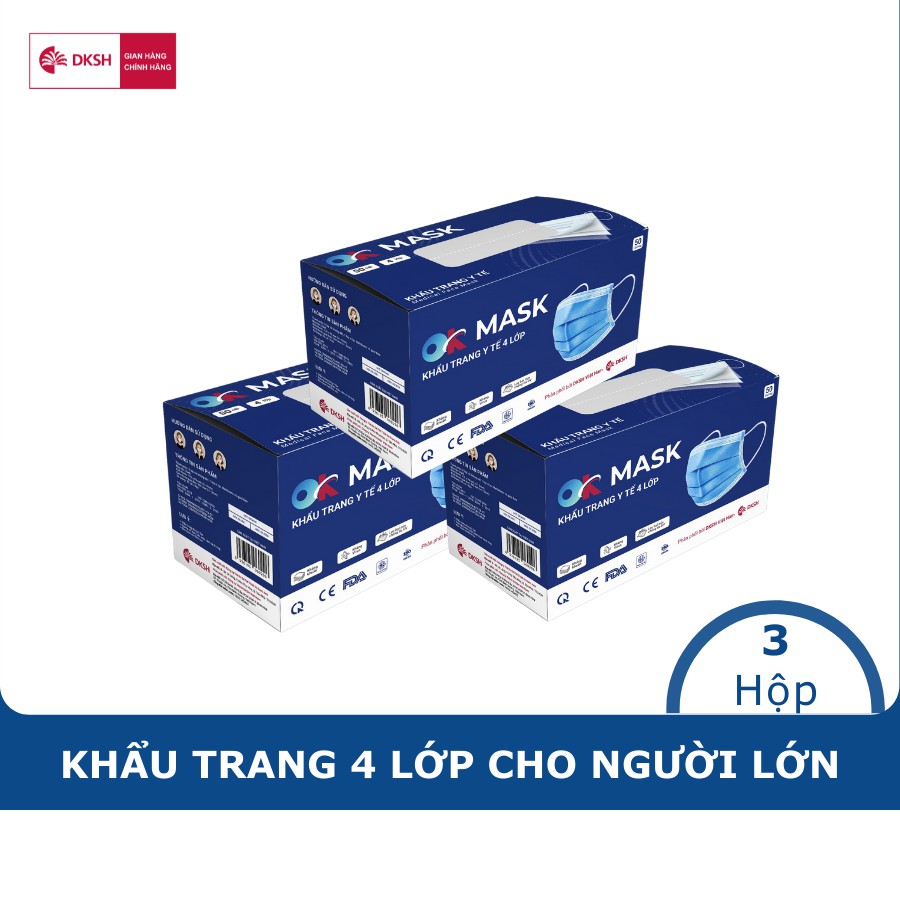 Combo 3 Hộp Khẩu Trang Y Tế Cao Cấp Ok Mask 4 Lớp, Đạt Chuẩn Kháng Khuẩn, Chất Liệu Mềm Mại