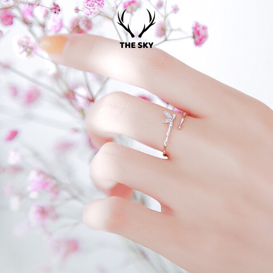 Nhẫn Bạc Nữ THE SKY NB08 Thiết Kế Mẫu Cành Trúc Kèm Mặt Bướm