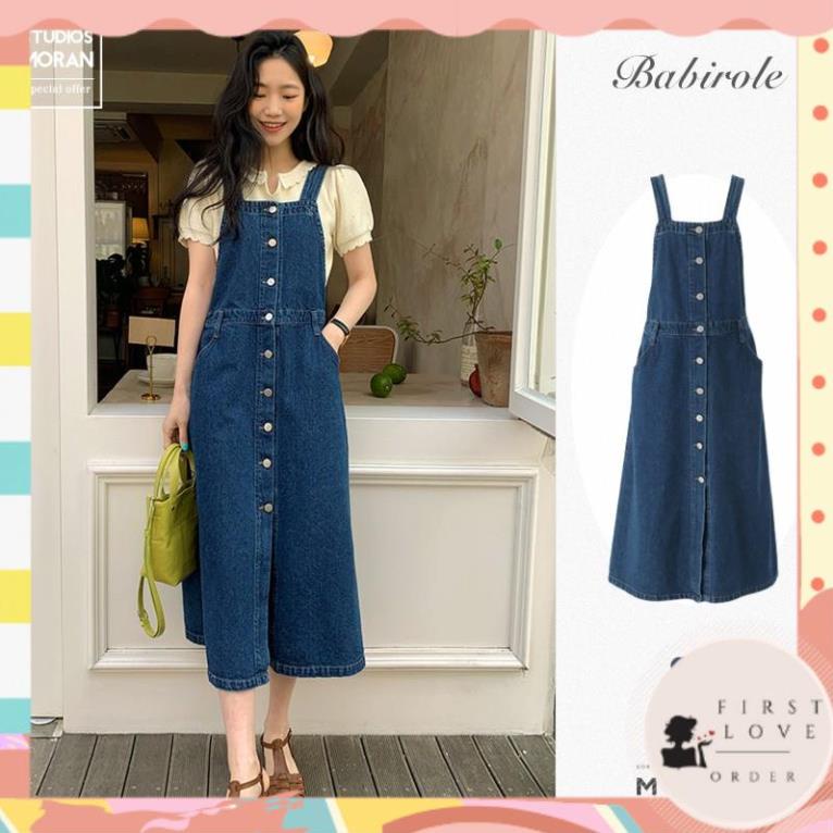 (firstlove ORDER) Váy yếm denim MORAN màu xanh đậm cài dọc khuy xẻ tà cao style vintage Hàn Quốc đáng yêu 01