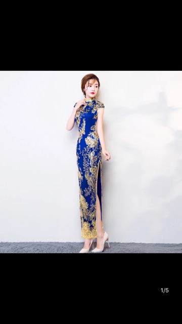 Áo dài xanh kim tuyến đẹp 218