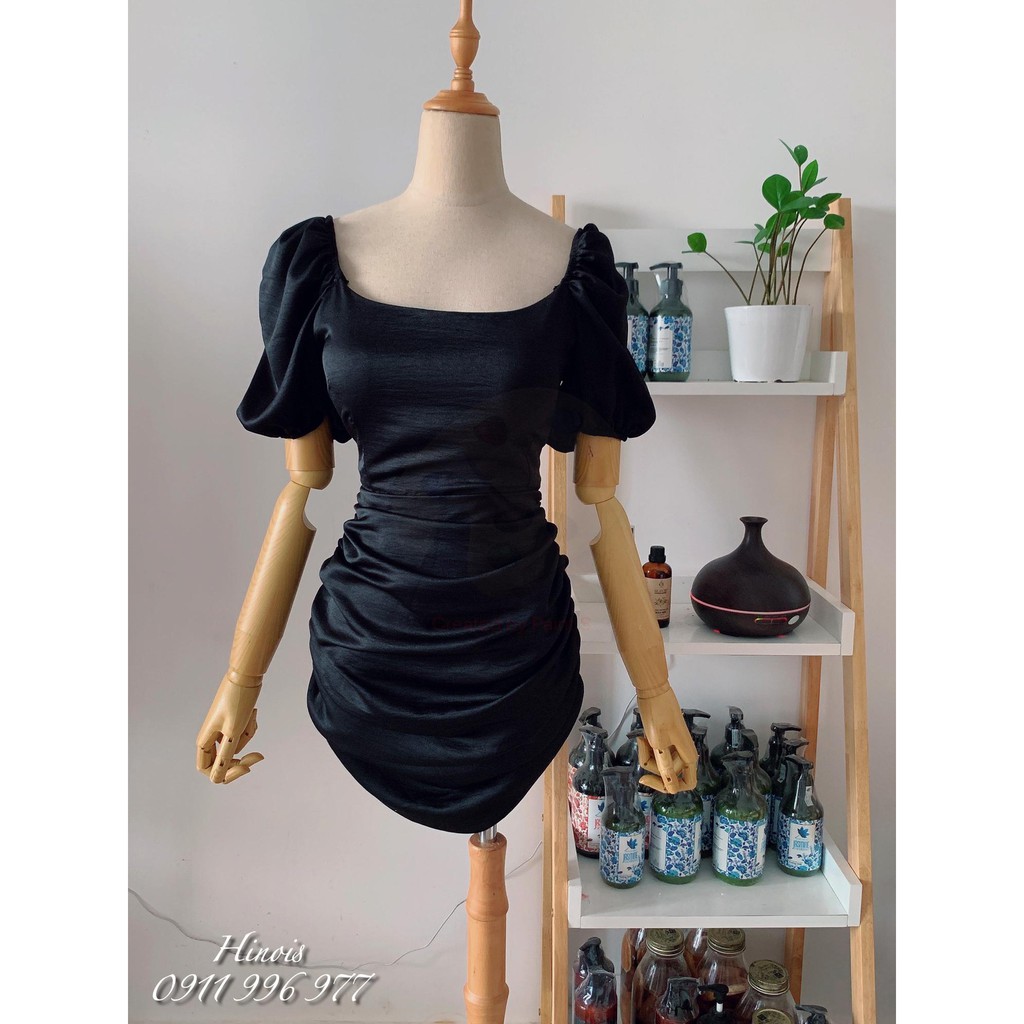 Váy Body Màu Đen 🌸 Đầm Dự Tiệc Hở Lưng Chất Lụa CÓ MÚT NGỰC Tay Phồng Cổ Vuông HỢP MỐT , Dây Đan Chéo Lưng Sexy | BigBuy360 - bigbuy360.vn