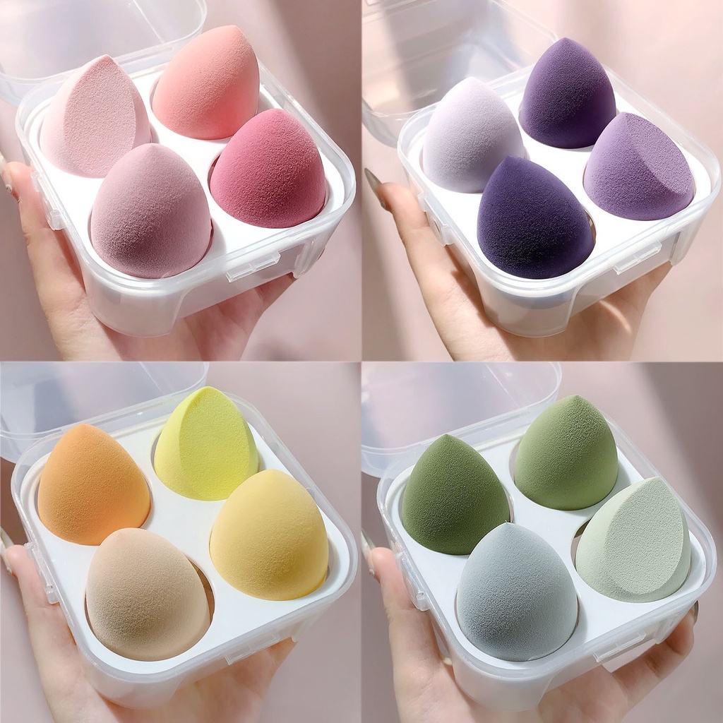 Hộp mút tán kem nền Jengiang Hộp 4 Mút trang điểm mềm mại hình giọt nước siêu tiện dụng