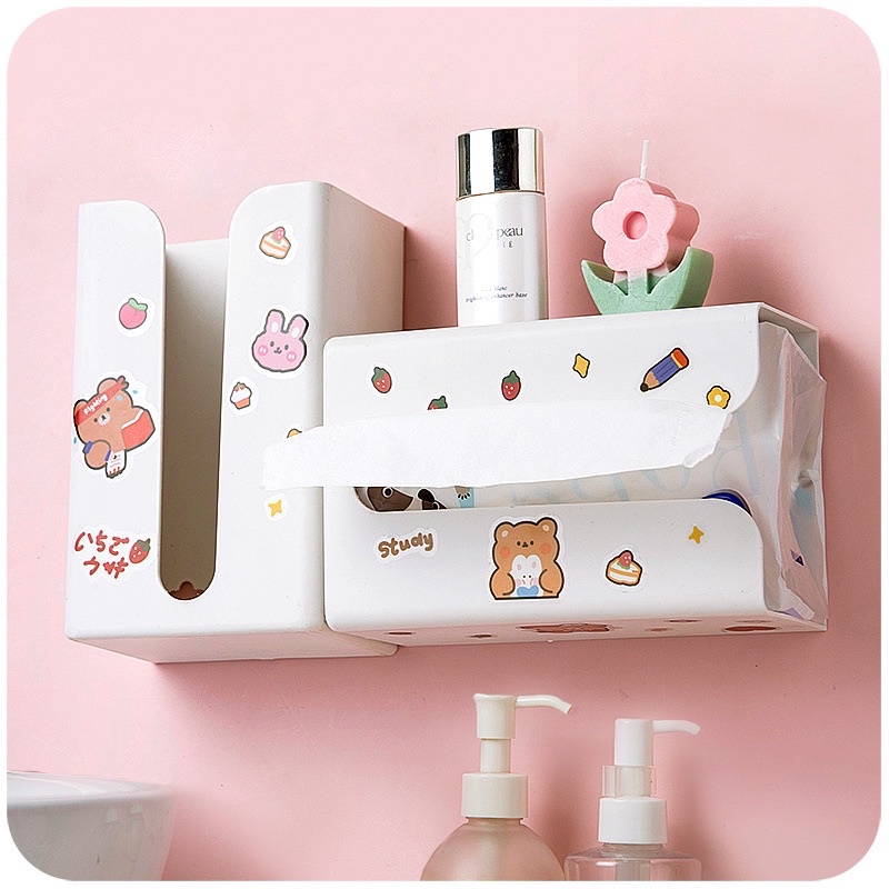 Hộp đựng khăn giấy treo tường hình chữ nhật kèm sticker dễ thương decor bàn học, nhà bếp - Hộp đựng khăn giấy dán tường