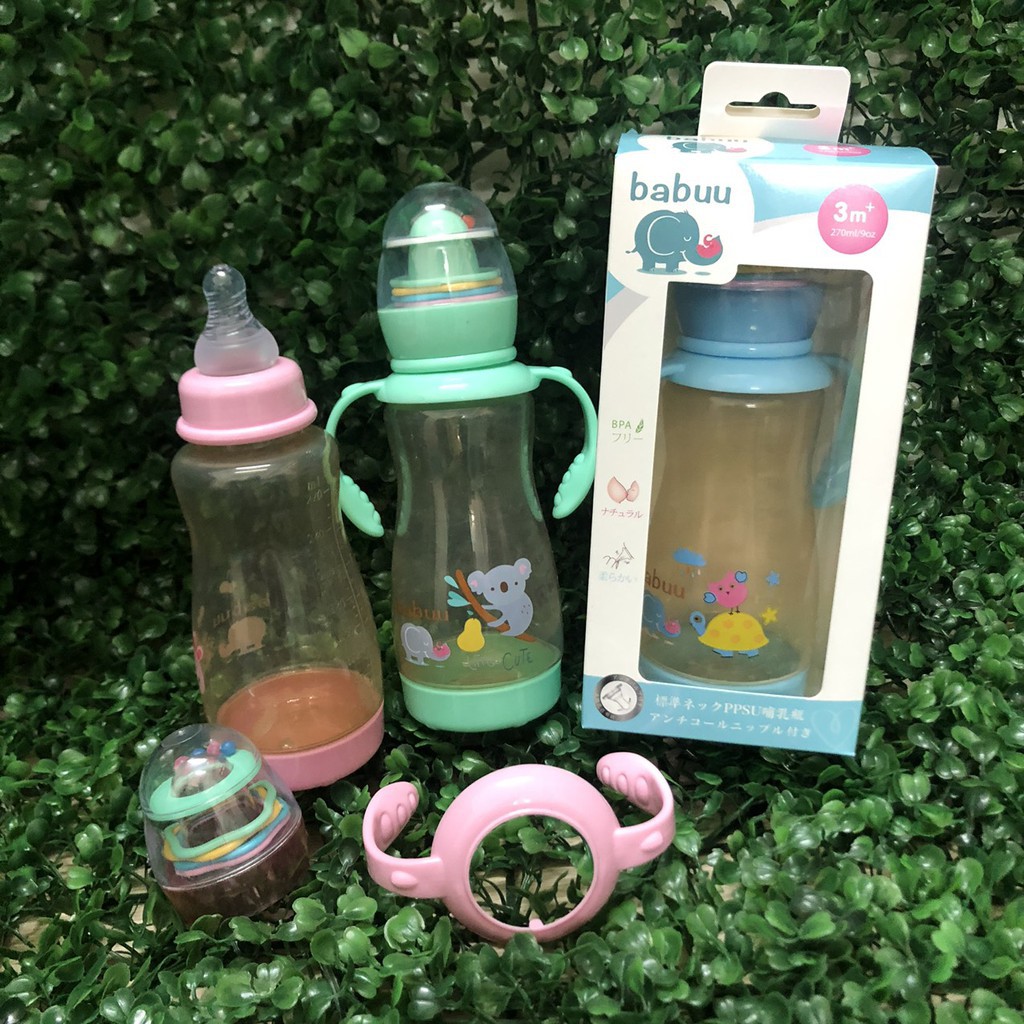 (Tặng kèm tay cầm và núm ti) Bình sữa Nhật Bản Babuu Baby 120ml/ 270ml có tay cầm kèm đồ chơi cho bé
