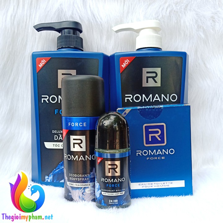 Combo Romano Force: Dầu gội 650g, sữa tắm 650g, xịt khử mùi 150ml+ Lăn khử mùi 50ml + Nước hoa 50ml