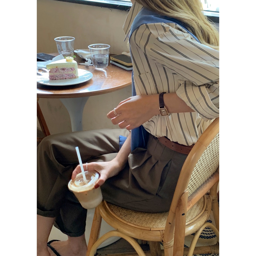 Xiaozhainv Áo sơ mi tay dài họa tiết kẻ sọc phong cách Hàn Quốc trẻ trung cho nữ