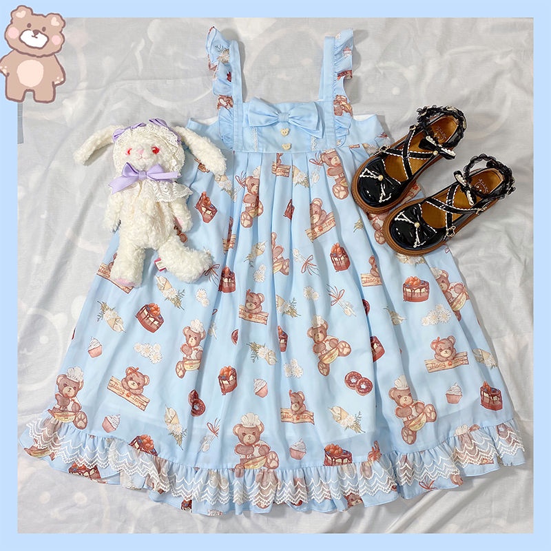 Đầm Lolita Hai Dây Họa Tiết Gấu Dễ Thương Cho Bé Gái