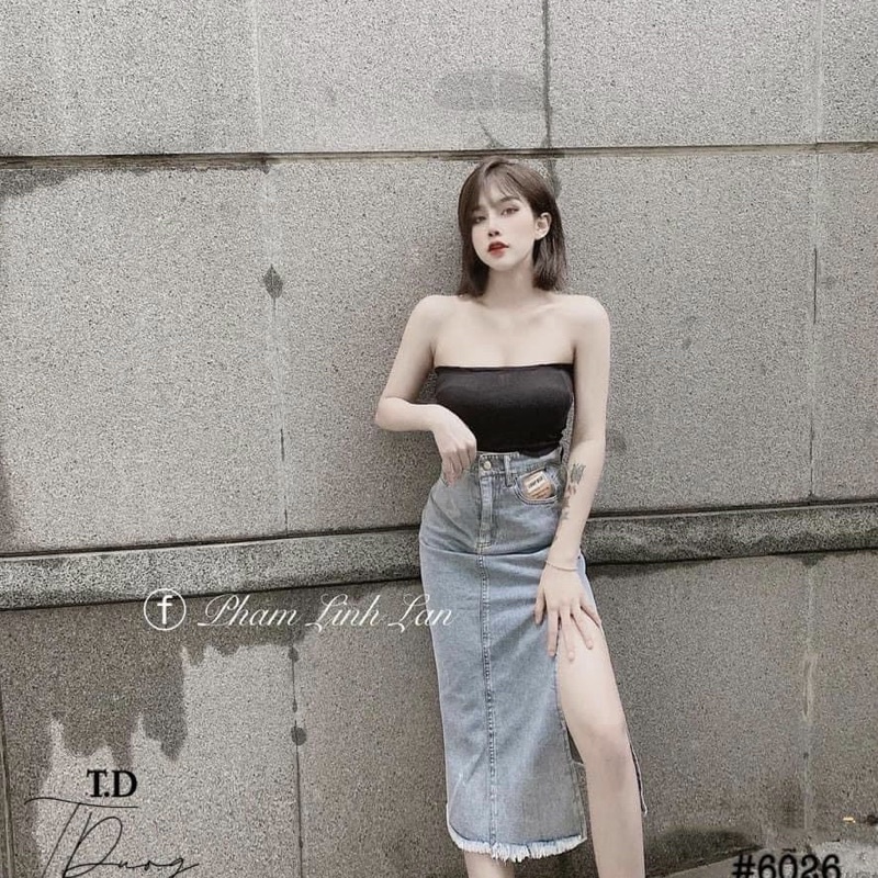 Chân váy jeans dáng dài bút chì Váy jean midi mác da xẻ tà