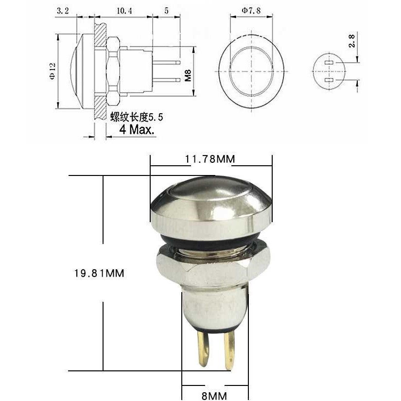 Công tắc 8mm kim loại nhả - 8mm momentary push button switch