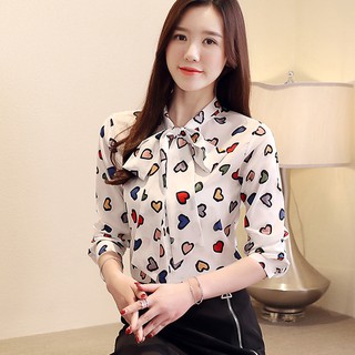 Áo Sơ Mi Voan In Họa Tiết Trái Tim Thắt Nơ Xinh Xắn Cho Nữ