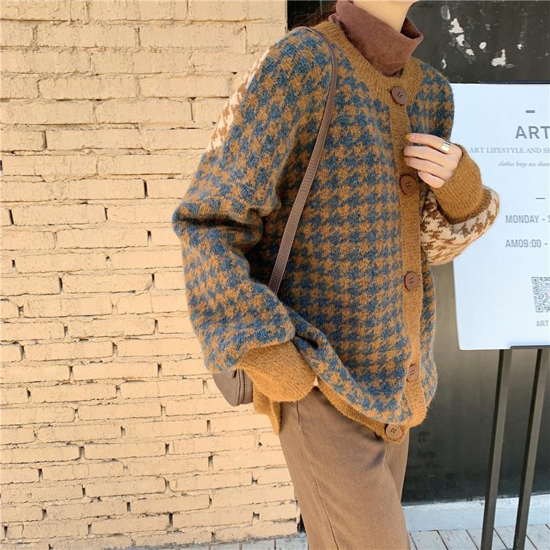 Áo Khoác Len Cardigan Dáng Rộng Màu Sắc Retro Phong Cách Hàn Quốc Cho Nữ