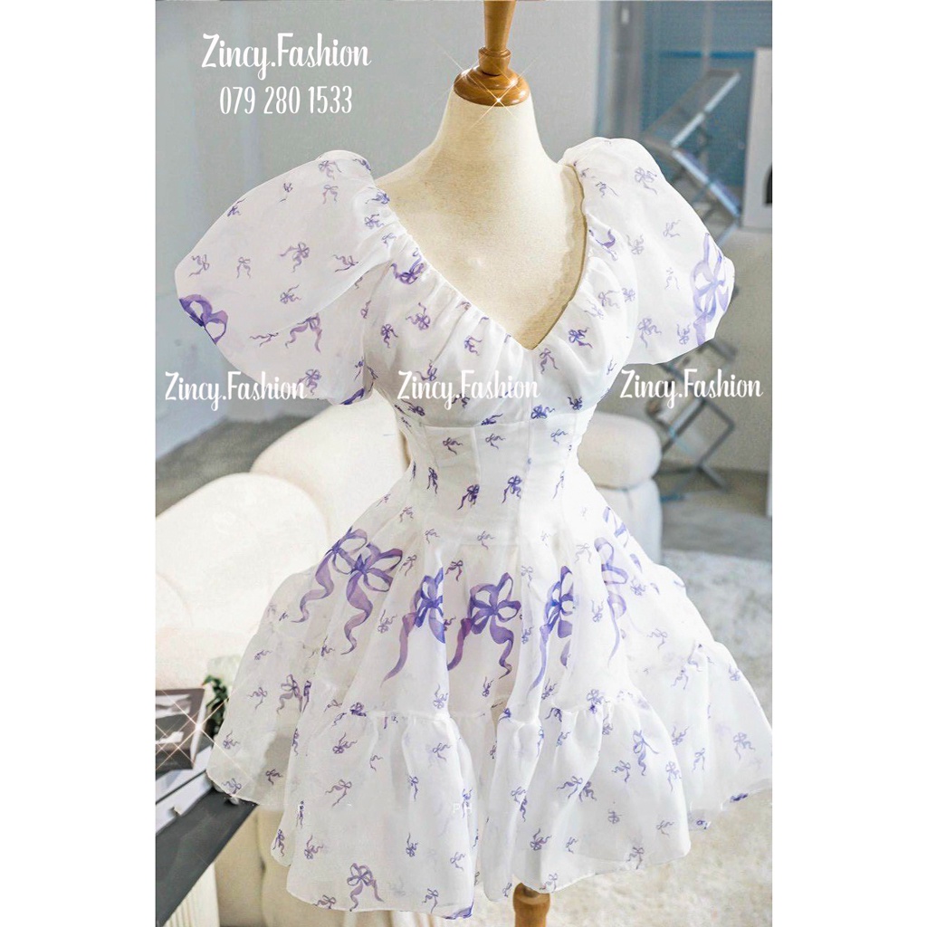 Đầm tay phồng dáng xoè công chúa Váy babydoll tiểu thư dáng ngắn cổ V tôn dáng 2 lớp đi chơi dạo phố - ĐTIM.001