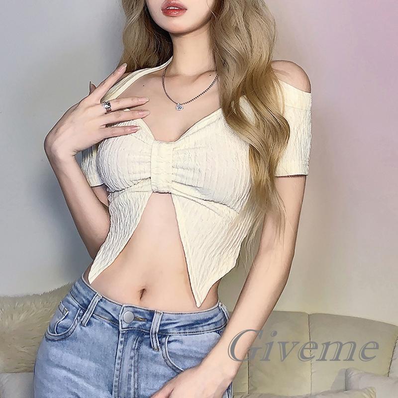 Áo Thun Tay Ngắn Cổ Chữ V Hở Rốn Màu Trơn Thời Trang Cho Nữ