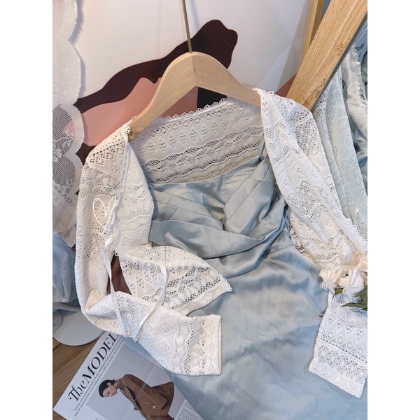 SET ĐẦM PHI XANH CỔ ĐỔ + ÁO KHOÁC REN TRẮNG