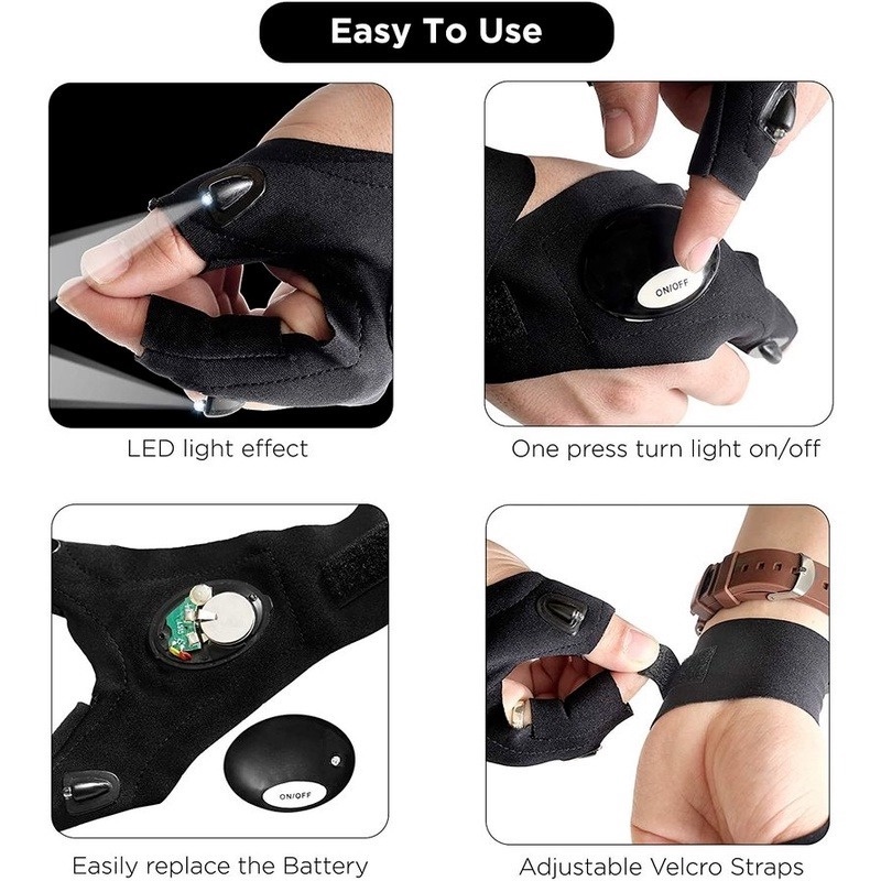 1 Găng Tay Hở Ngón Có Đèn LED Chống Nước Dùng Khi Đi Câu Cá / Đi Xe Đạp