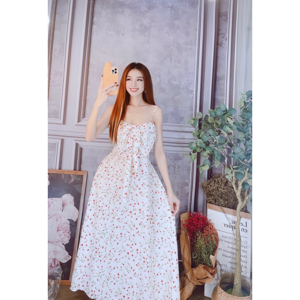Đầm hoa maxi nơ ngực hai dây chất lụa