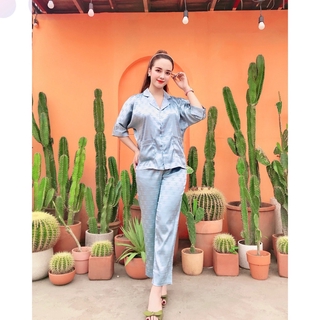 Đồ ngủ mặc nhà LyLy kiểu pijama lụa satin dài tay họa tiết L256