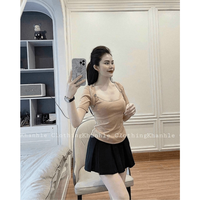 Áo ZIP Cộc Cổ Vuông Khuy Vai Siêu Tôn Dáng UP
