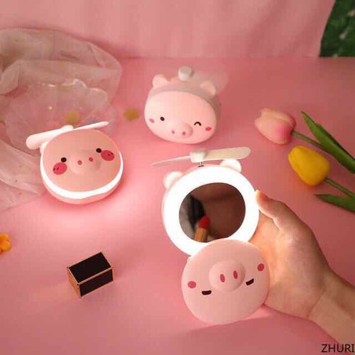 Gương Mặt Heo Siêu Cute Kèm Đèn LED Và Quạt 3 in 1 Tiện Dụng