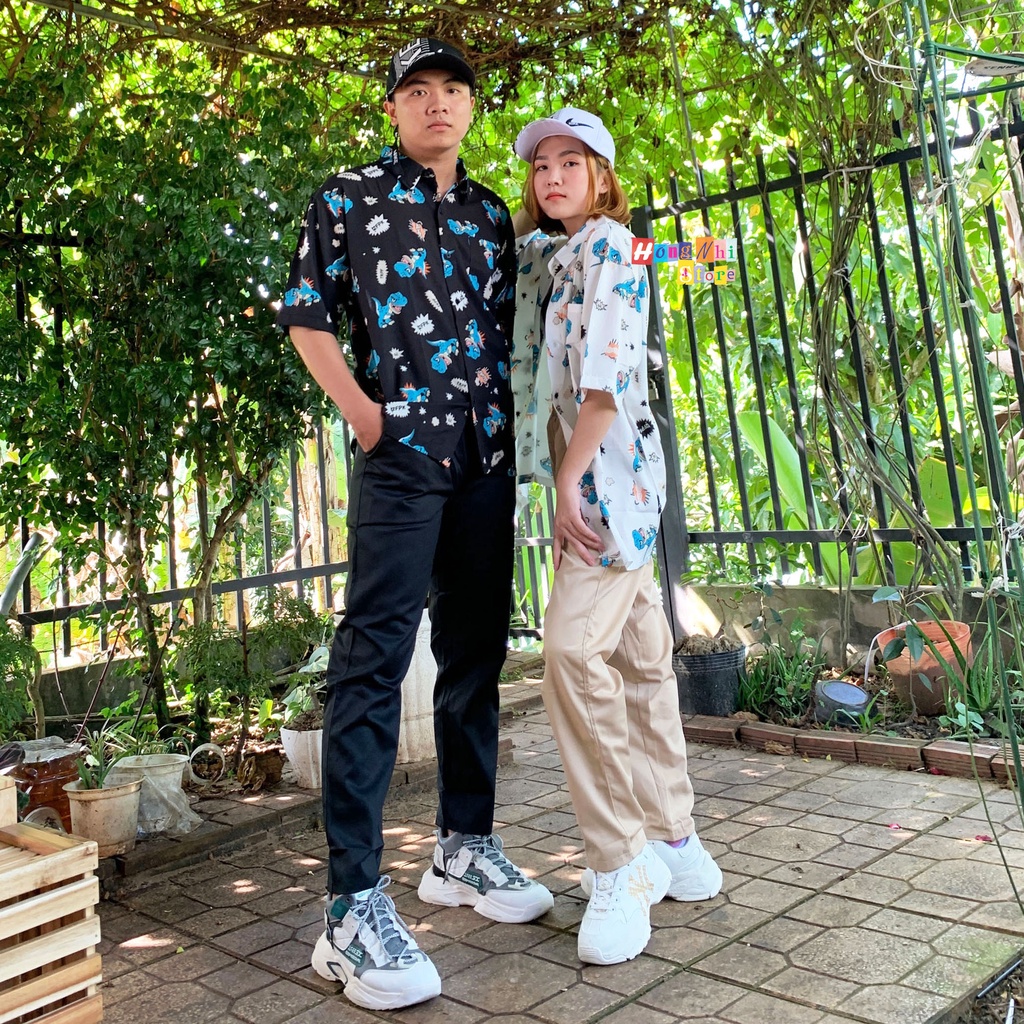 Áo Sơ Mi Hoạ Tiết Khủng Long Tay Lỡ Dáng Rộng Ulzzang Unisex, Sơ Mi Đi Biển - MM