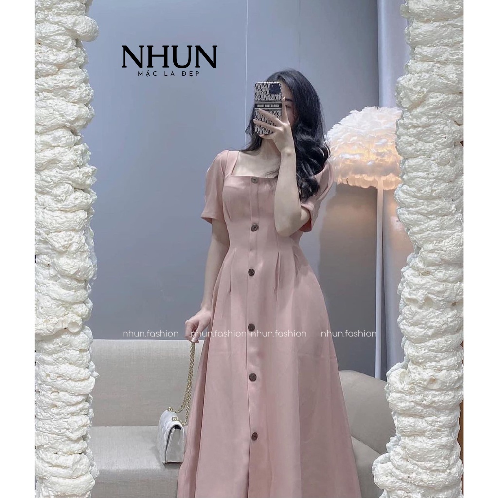 Váy dự tiệc thiết kế cổ vuông NhunFashion Đầm Công Sở nữ cao cấp tiểu thư cúc dọc tay bồng chiết eo thanh lịch N28