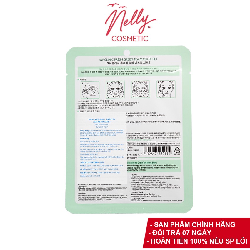 (❤️SIÊU KHUYẾN MÃI ❤️)Mặt nạ dưỡng da chiết xuất Trà Xanh 3W Clinic Green Tea Mask Sheet Hàn Quốc