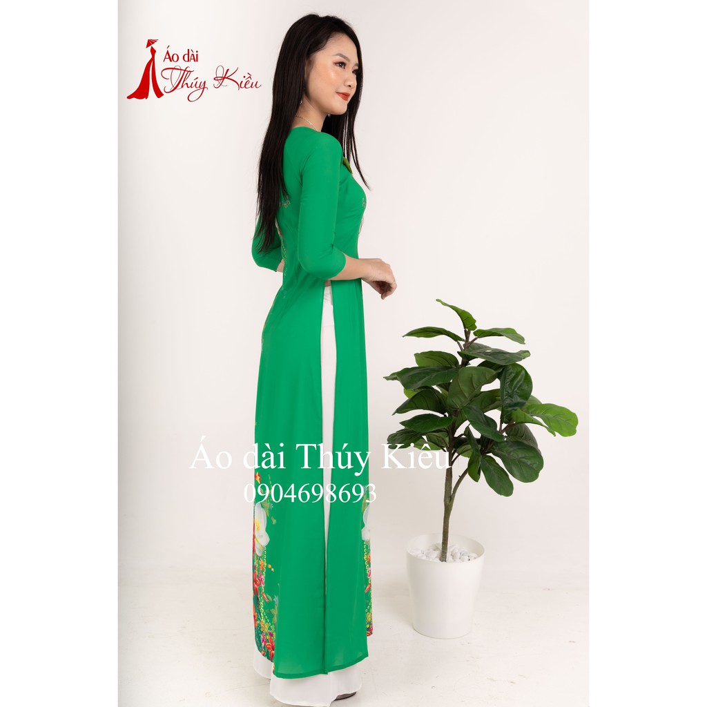 Áo dài Thúy Kiều in 3D lụa Nhật xanh lá hoa dây K36