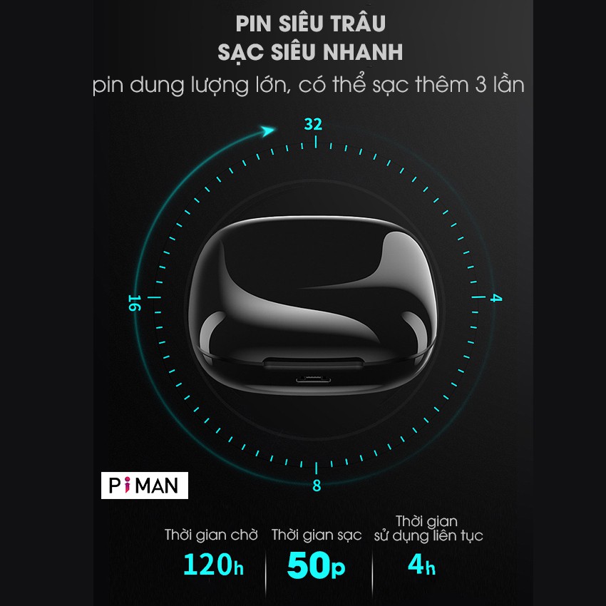 Tai nghe bluetooth 5.0 nhét tai không dây mini gaming pin trâu chống nước LED hiển thị phần trăm pin P06 Piman