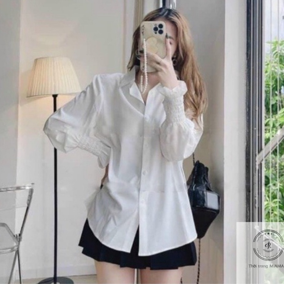 Áo sơ mi nữ form rộng kiểu hàn tay phồng màu trắng vải mềm đẹp - Áo sơ mi trắng nữ đi học sinh cổ v dài tay mặc công sở