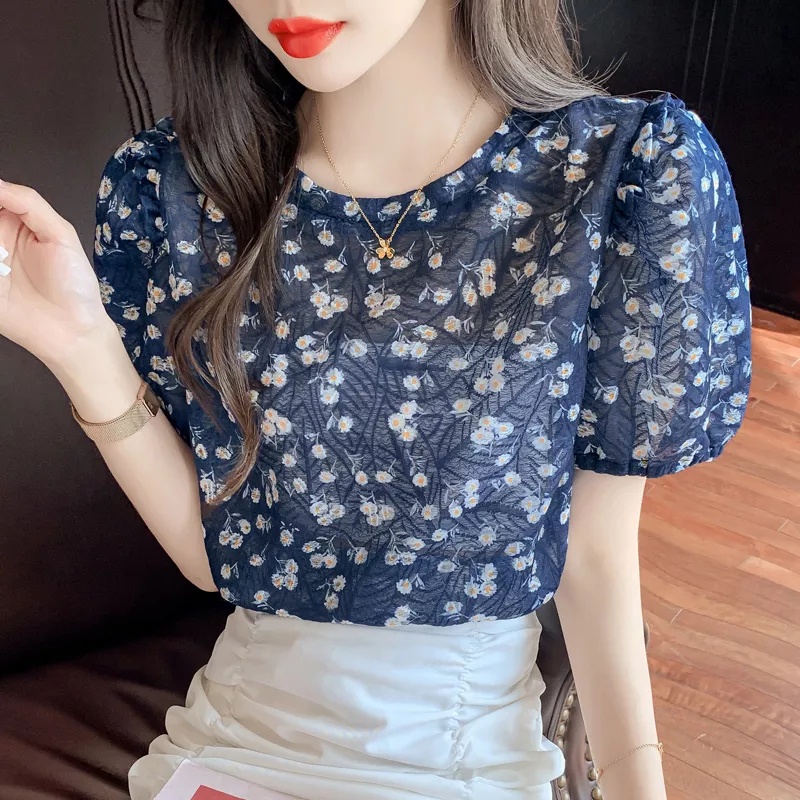 Áo Sơ Mi Chiffon Tay Phồng Cổ Tròn Thêu Họa Tiết Hoa Phong Cách Retro Pháp Thời Trang Mùa Hè Mới Cho Nữ