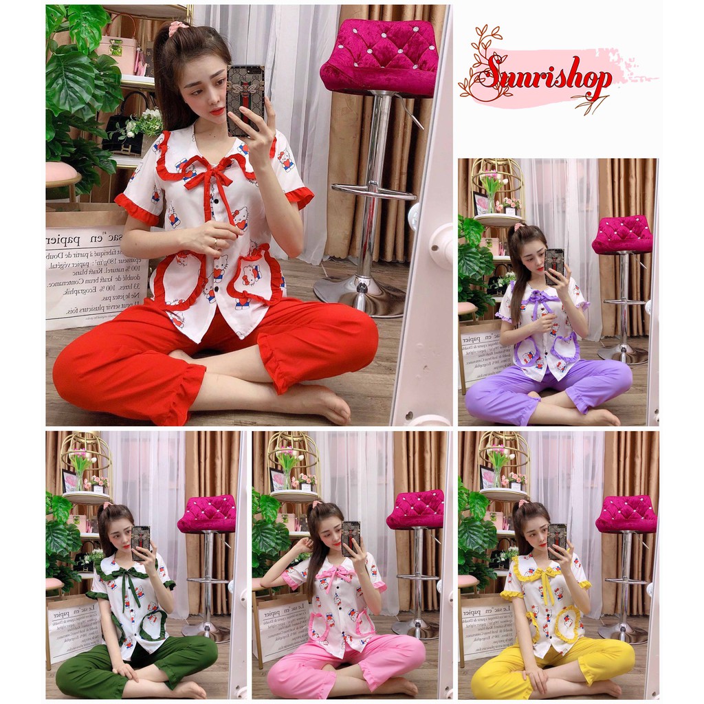 Đồ Ngủ Nữ, Đồ Bộ Mặc Nhà Nữ Hot Trend Sunri Shop - Pijama Kate Lụa Tiểu Thư Dễ Thương Tay Ngắn Quần Dài Vải Kate Lụa Mềm