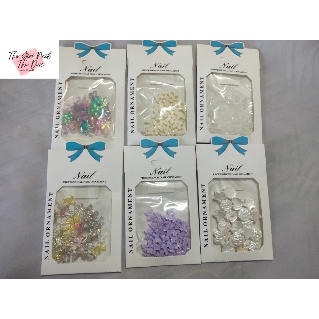 Charm, icon, nơ đính móng tay, móng chân, hình 4D, hoa văn nổi xinh sễu