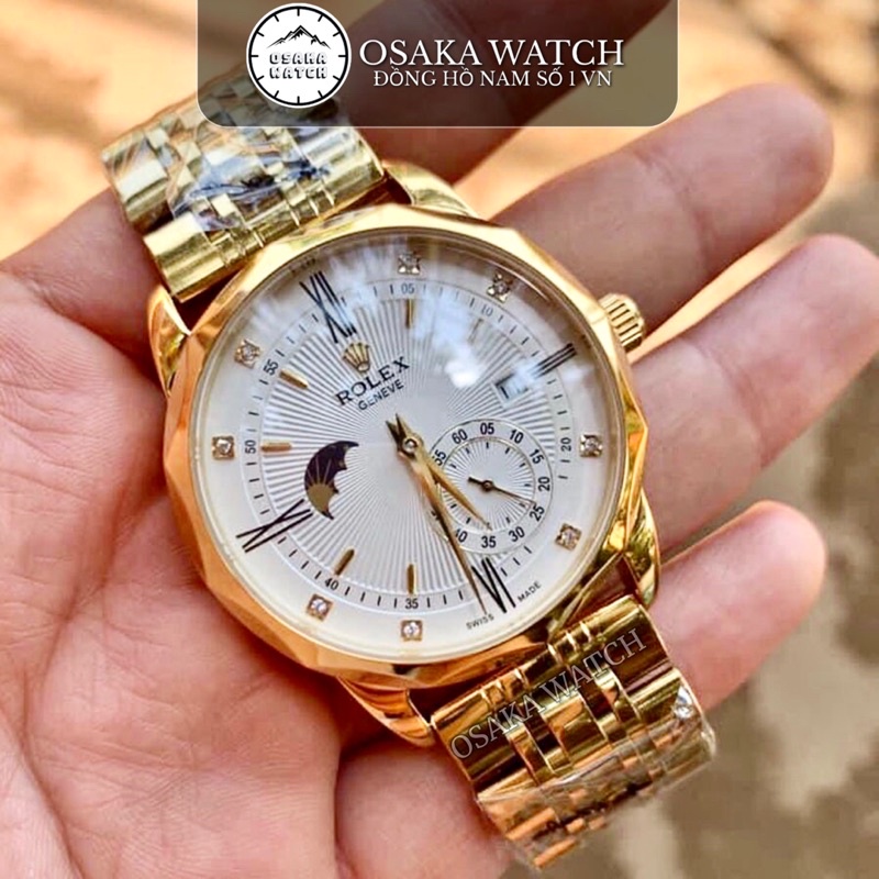 Đồng Hồ Cơ Nam Rolex Sun Moon Automatic Kim Cương Dây Kim Loại Lịch Ngày Cao Cấp