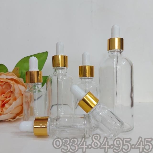 Chai thủy tinh thân TRONG nắp bóp VÀNG 5ml 10ml 20ml 30ml 50ml 100ml - Lọ đựng serum, chiết tinh dầu, mỹ phẩm, PHỄU MINI