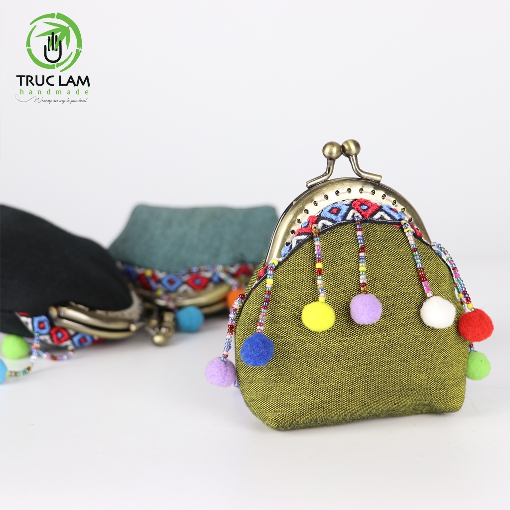 Ví Xu Mini Ví Cầm Tay Khóa Nẹp Đồng Gắn Quả Bông Vải Dệt Thô Phương La Thái Bình - Trúc Lâm Handmade