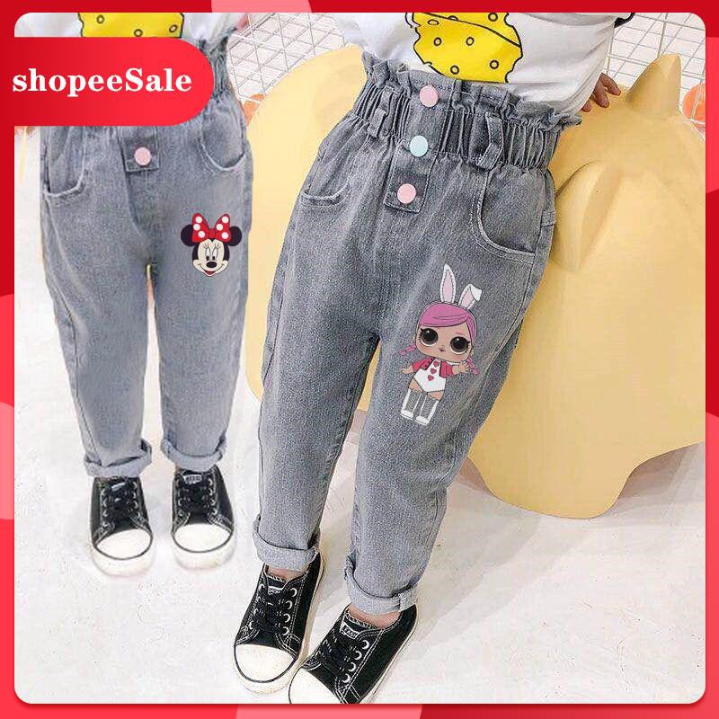 chuột Quần jeans dài in họa tiết chuột Mickey hoạt hình xinh xắn cho bé gái từ 1-7 tuổi