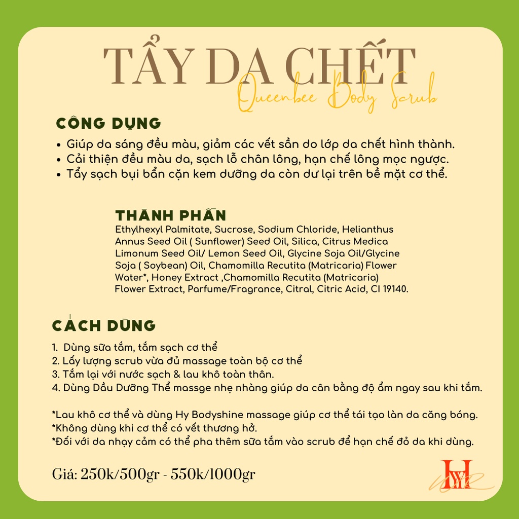 Tẩy Tế Bào Da Chết Cơ Thể Hy QueenBee Scrub giúp da sáng màu giảm các vết sần