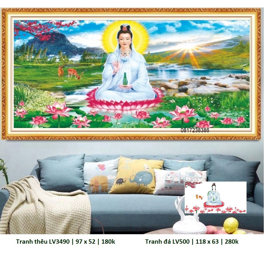 Tranh thêu chữ thập, tranh đính đá phật quan âm LV3490 (97 x 52 cm), LV500 (118 x 63 cm)