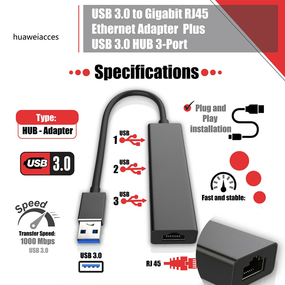Bộ Chia 3 Cổng Mạng Lan Rj45 Hua-Usb 3.0 Cho Windows / Mac | BigBuy360 - bigbuy360.vn