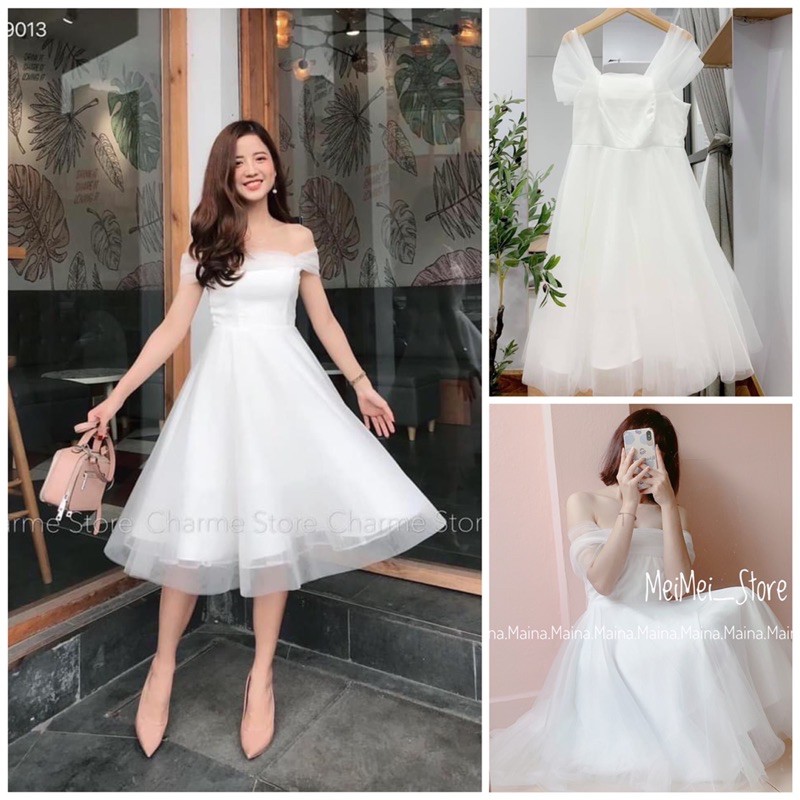 Đầm/váy công chúa midi trắng dự tiệc hàng chuẩn loại 1, bốn lớp bồng bềnh có ảnh thật Maina