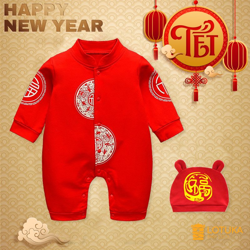 Bộ Body Tết Tài lộc cho bé mẫu Quần áo bé trai, bé gái dài tay kèm mũ chất cotton màu đỏ hình Trắng dễ thương từ 3-12kg