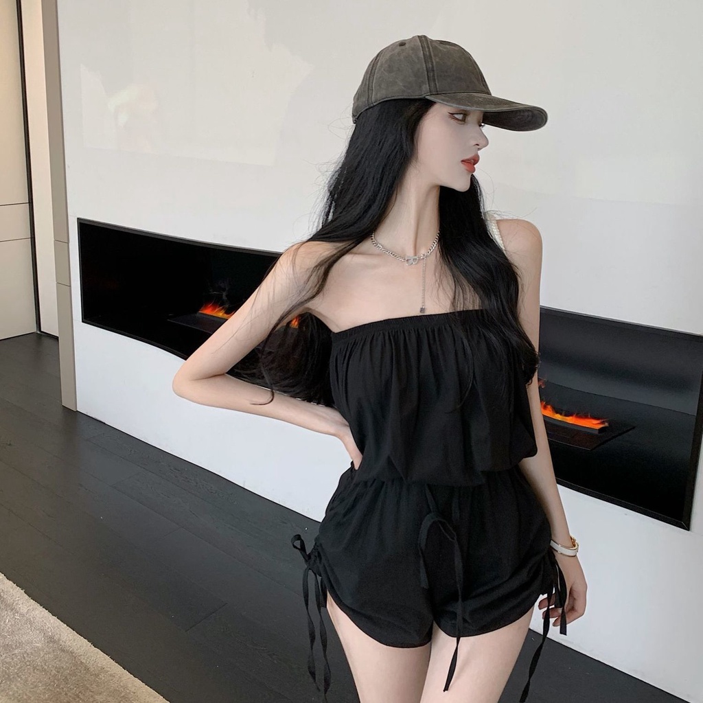 Áo liền quần trễ vai màu trơn có dây rút quyến rũ thời trang cho nữ size S-2XL