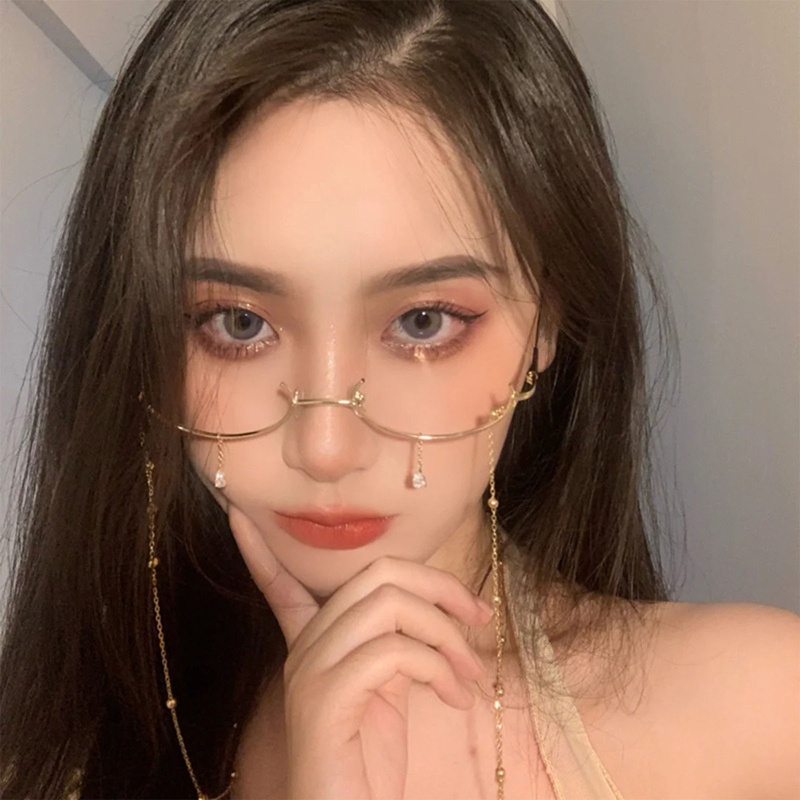 Youyo Mắt Kính Không Gọng Hình Giọt Nước Nửa Gọng Phối Dây Xích Thời Trang Hàng Ngày