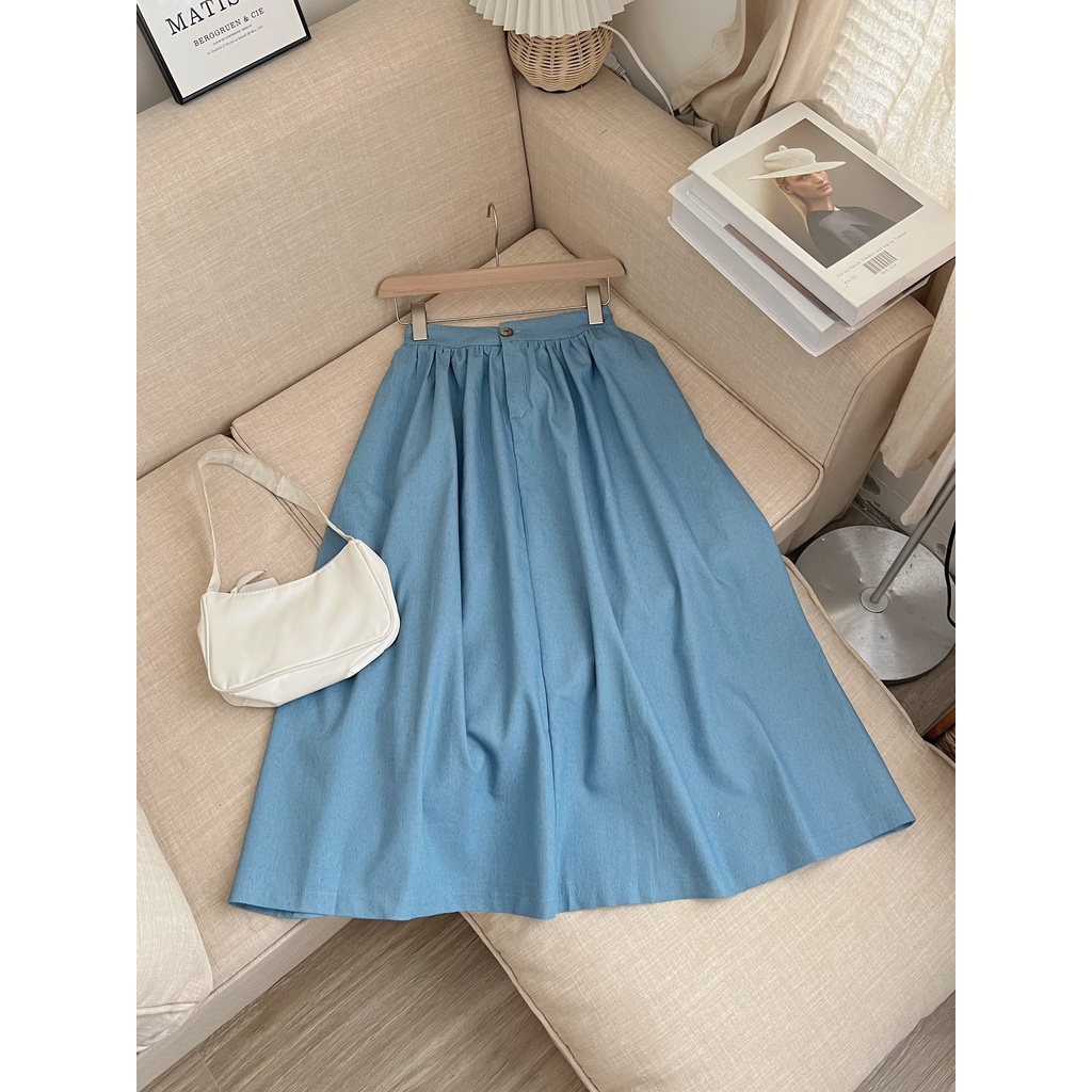 [Ảnh thật/Sẵn] Chân váy jean khuy gỗ cạp chun sau xếp li dáng xòe 2 màu