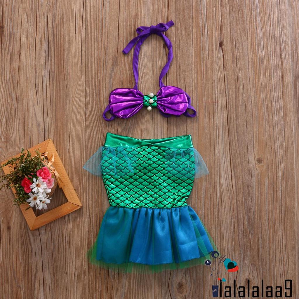 Bộ đồ bơi hai món phong cách nàng tiên cá gồm áo cổ yếm hình vỏ sò + đuôi cá tulle dễ thương cho bé gái