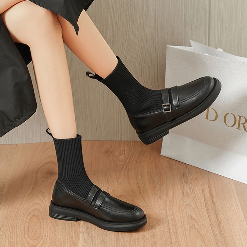 Giày boot Martin RENBEN bằng da co giãn đế bằng phong cách Anh Quốc thời trang xuân thu cho nữ