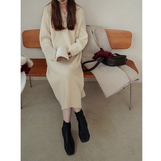 Đầm Dệt Kim Tay Dài Dáng Rộng Cổ POLO Dễ Phối Đồ