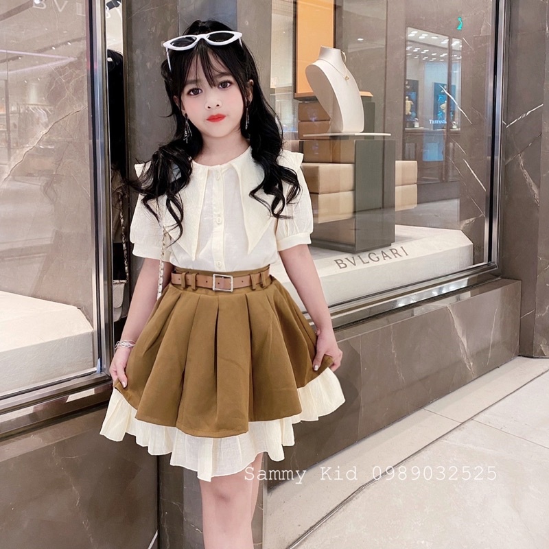 Set áo Tiểu thư Quần váy xoè tầng Kèm đai cho bé gái size đại 15-40kg nhẹ nhàng Sang chảnh